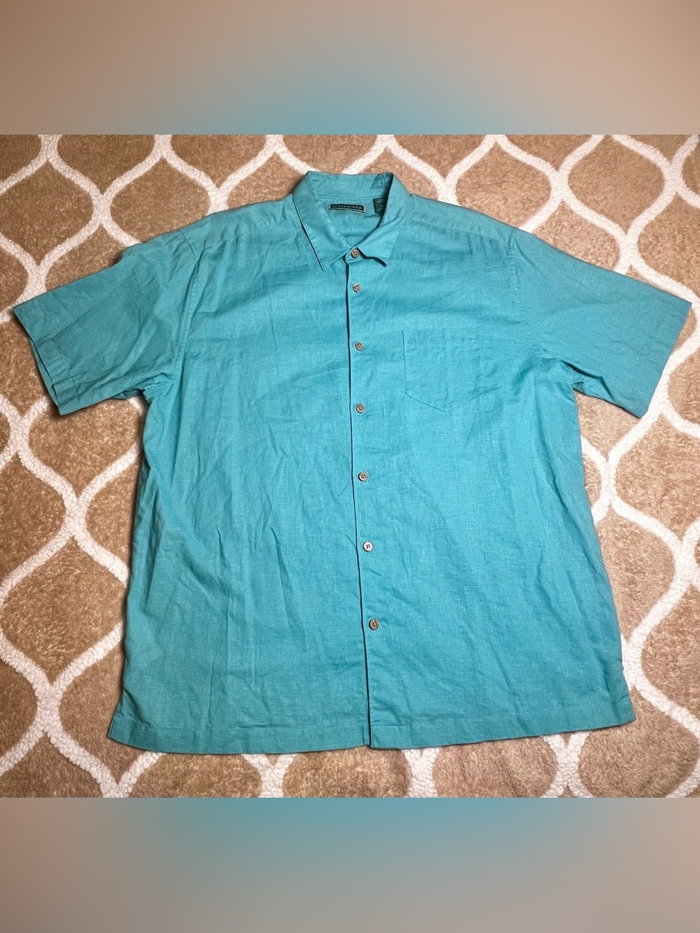 Cubavera Teal Short-Sleeve Linen Blend Button-Down Shirt